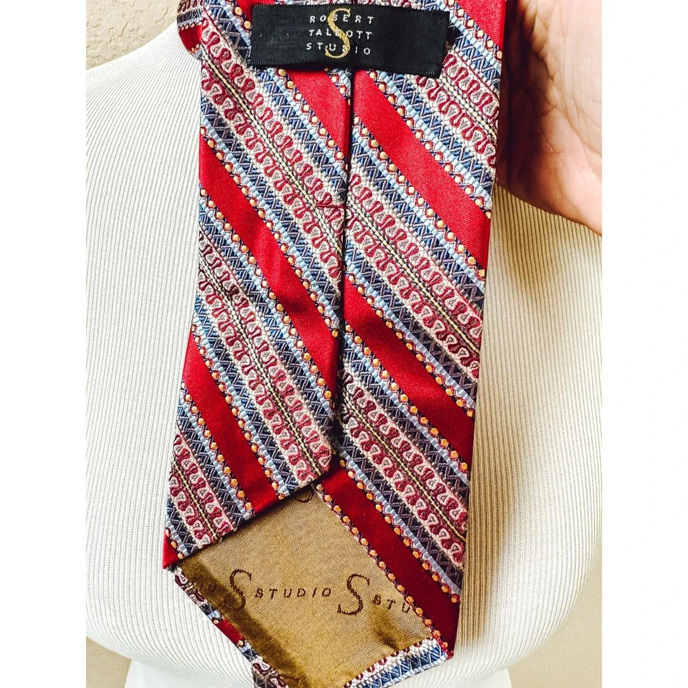 Robert‎ Talbott Studio Silk Tie Red Blue Gold Geometric Stripe Wide 4